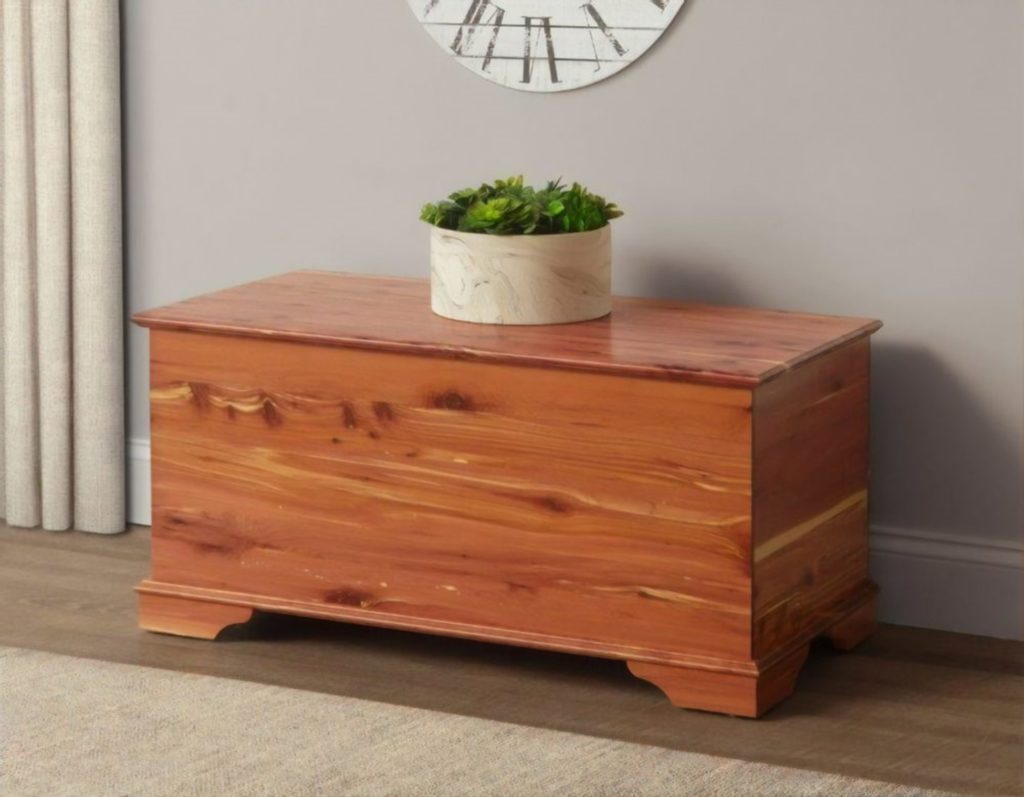 a stunning cedar chest used as resilent storage