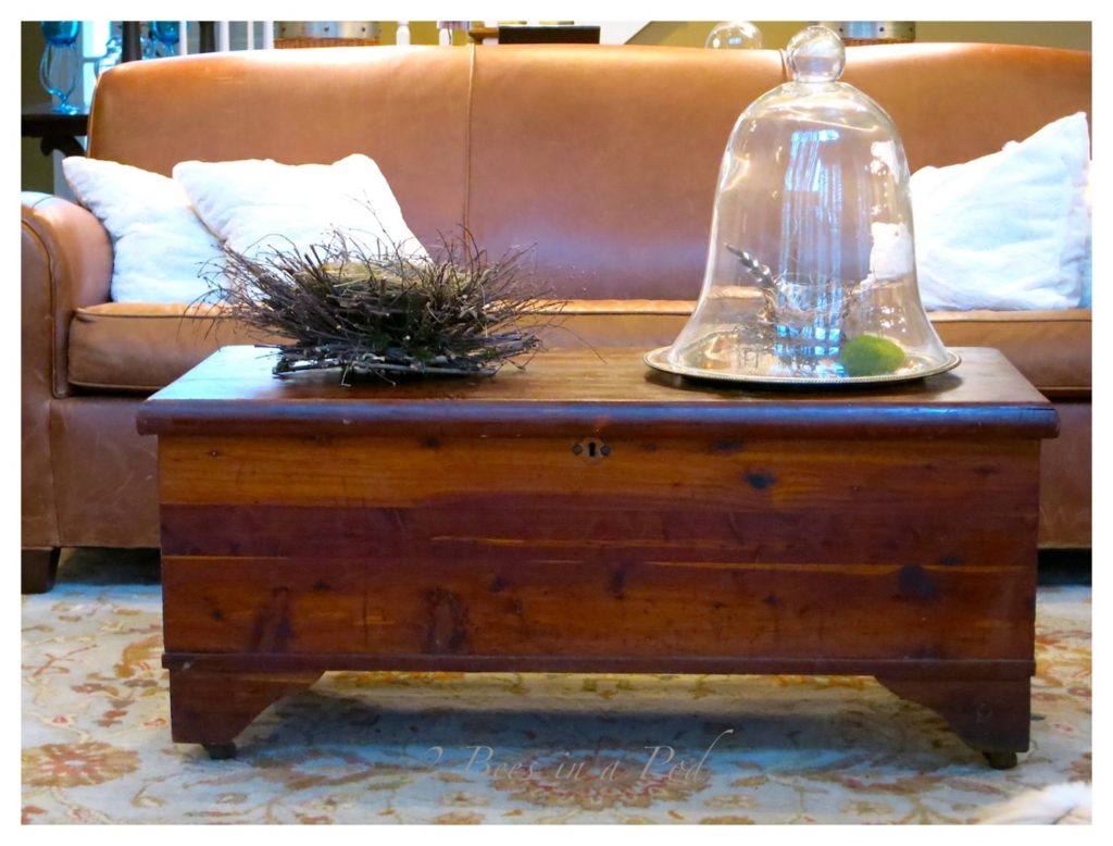 wooden cedar chest creatively used as a coffee table in a stylish living room