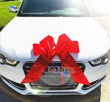 a very expensive wedding gift of a brand new car with a red bow