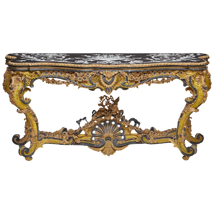 A Valuable Gold Colored Old Coffee Table With A Vintage Design Which Has Some Black Tones In It