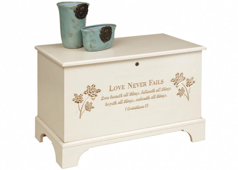 savannah deep storage chest in painted maple with engraved chest front design