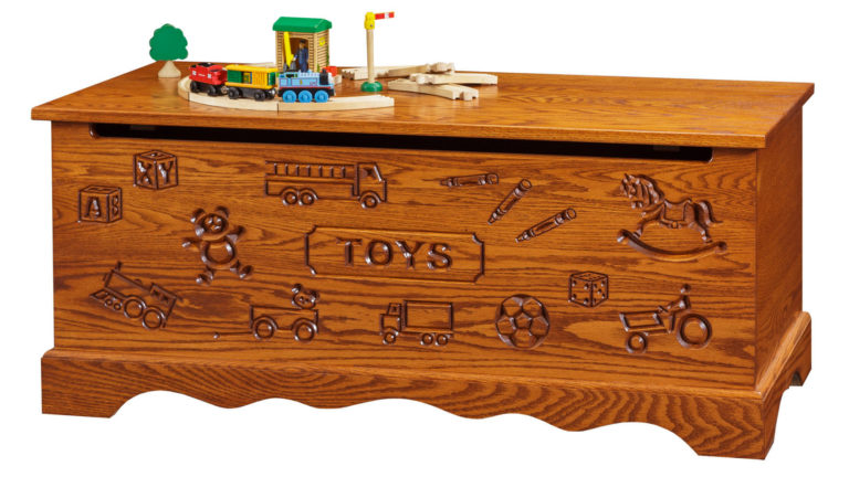 kids toy chest featuring engraved front 